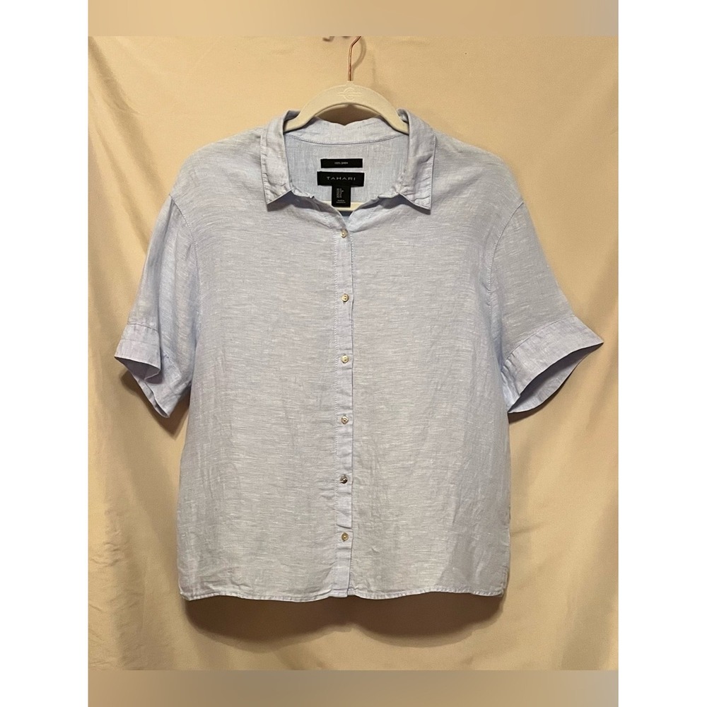 Tahari‎ Light Blue Short-Sleeve Linen-Blend Button-Down Shirt Size L